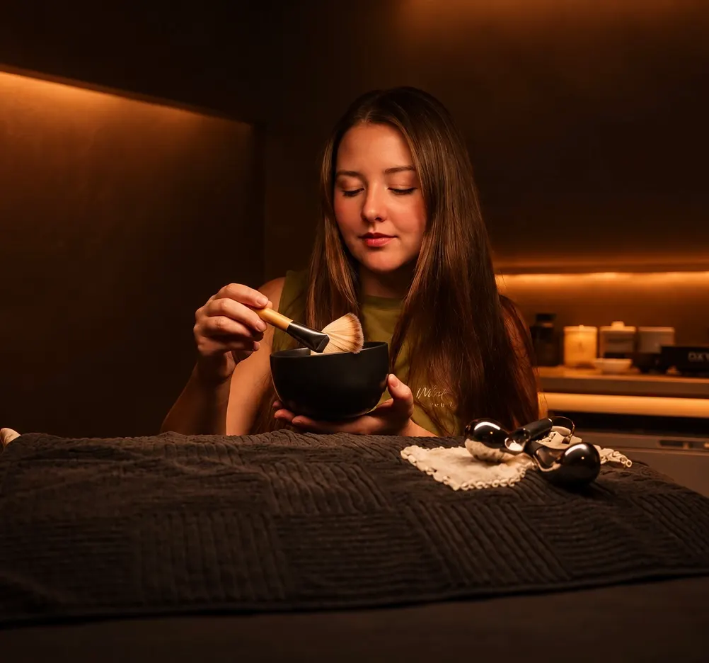 An esthetician holds a black bowl against a draped treatment bed and stirs a mask with a fan brush, shelves of product lit behind her.