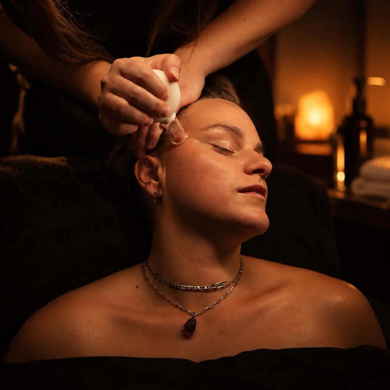 A therapist presses a small facial cup to the brow of a woman lying back with her eyes closed, a pendant at her collarbone and a lamp glowing behind her.