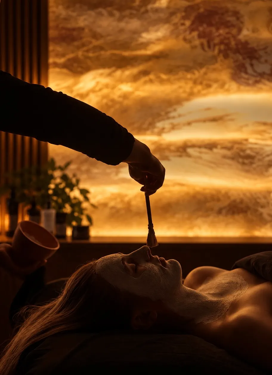 A practitioner holds a dropper of serum over the face of a client lying back, a burnt-orange sunset filling the window behind them.