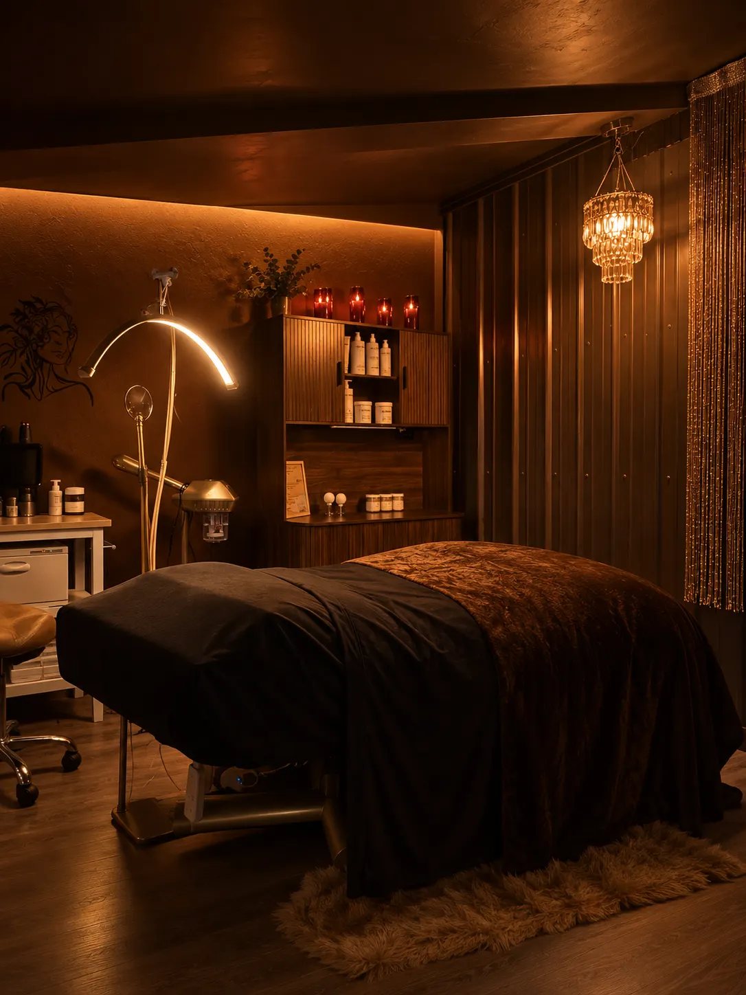 A candlelit treatment room with a draped facial bed, a ring lamp on a stand, shelves of product and a beaded pendant light.