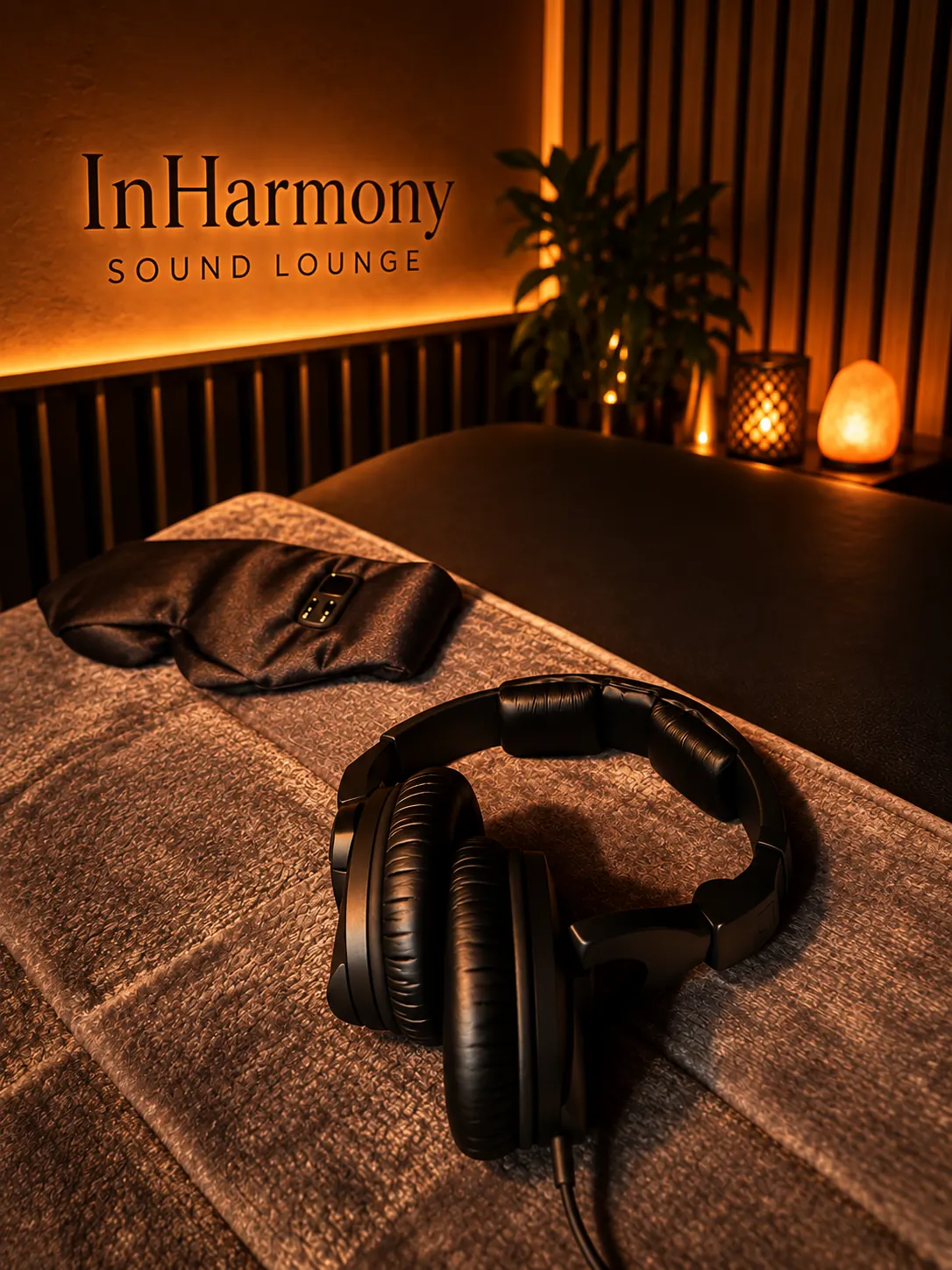 Headphones and an eye mask on a vibroacoustic bed under a backlit InHarmony Sound Lounge sign, with a salt lamp and a candle glowing on the shelf.
