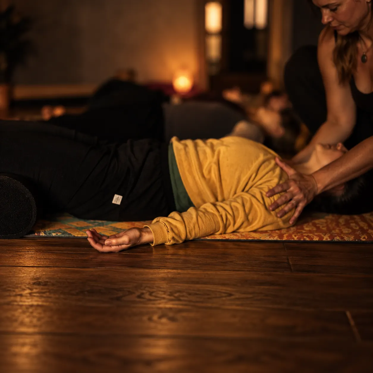A teacher kneels to support a student lying in a restorative pose on a patterned rug, in a candlelit studio with others resting nearby.