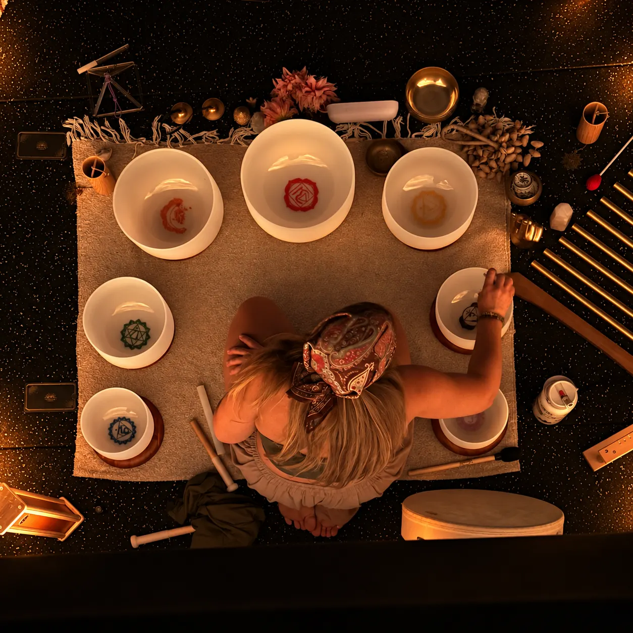 Overhead view of a sound bath: crystal singing bowls marked with chakra symbols ringed around a practitioner seated on a rug, with chimes, a frame drum and candles around her.